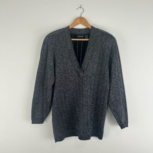 Vintage Grey Sparkly Wool Blend V Neck Long Sweater - Picture 6 of 8